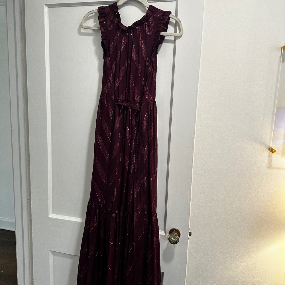 Marie Oliver Maroon Dress with Ruffle Neckline Detail and Shimmer Chevron, 0